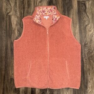Vera Bradley Vest Women's L XL Orange Fleece Sherpa Floral  Full Zip Sleeveless